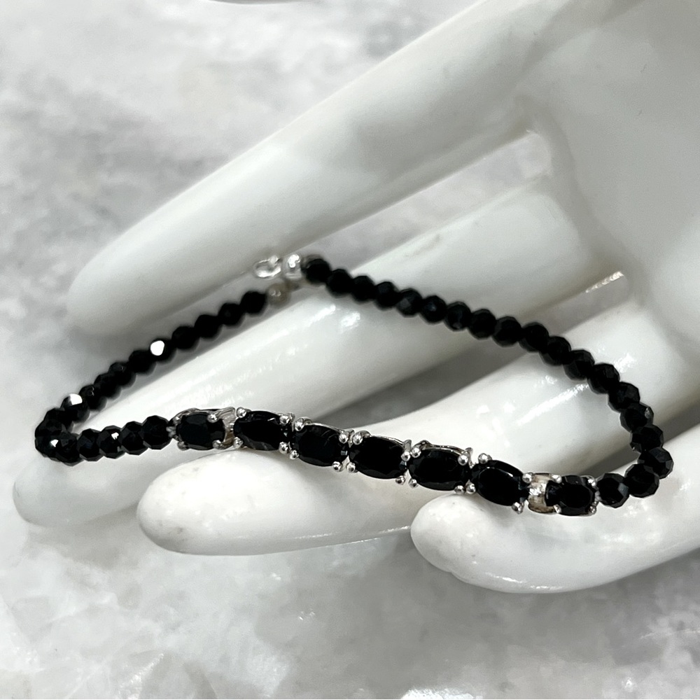 Thai Black Spinel Stone and Bead Sterling Silver Bracelet